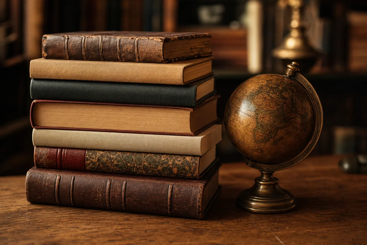 Romans de différentes éditions empilés près d&rsquo;un globe ancien, évoquant la littérature mondiale