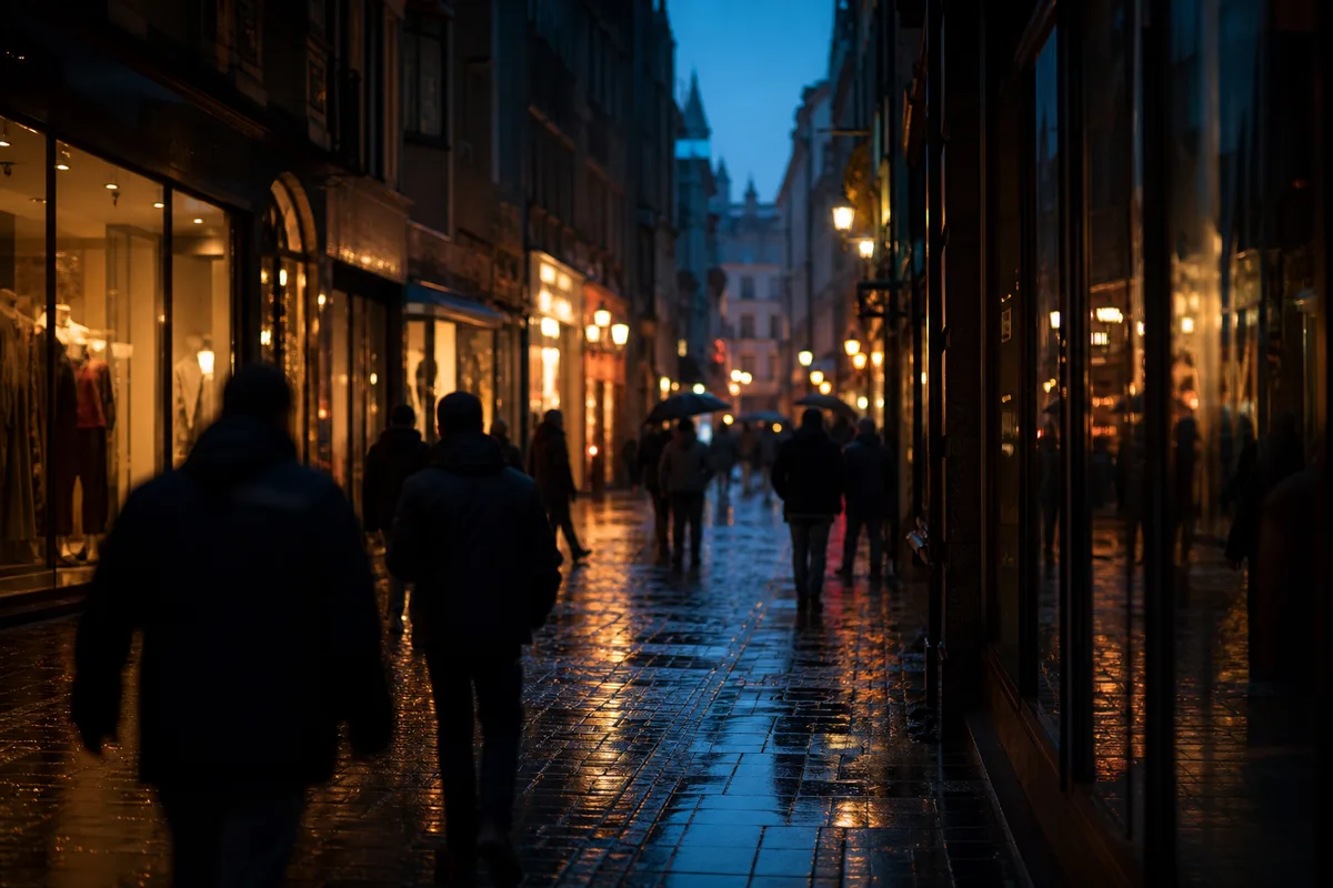 Rue commerçante étroite en début de soirée, halos colorés d&rsquo;enseignes et silhouettes floues de passants