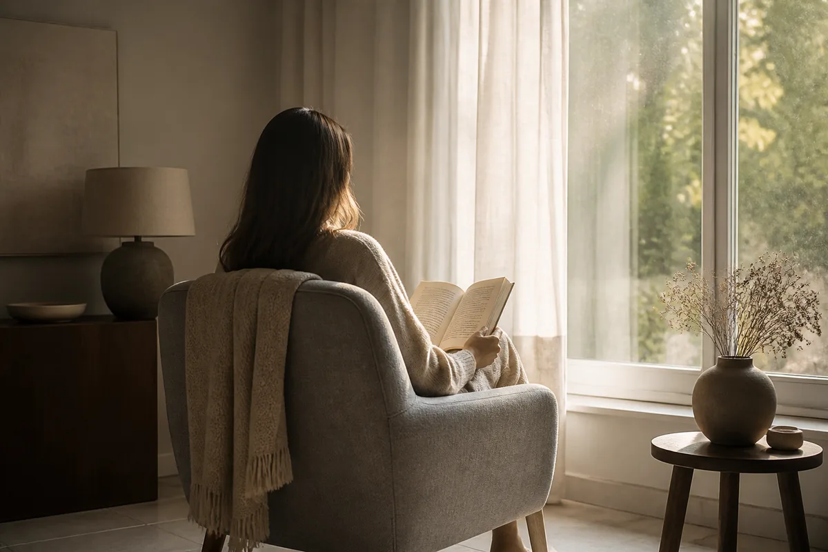 Personne de dos assise près d&rsquo;une fenêtre, un livre ouvert sur les genoux dans la lumière du matin