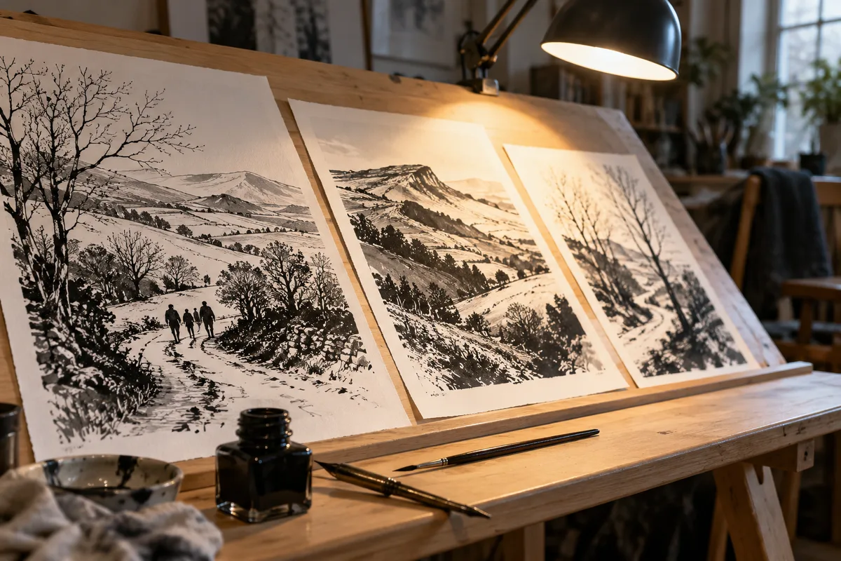 Planches originales à l’encre noire montrant des paysages et des silhouettes sur une table à dessin