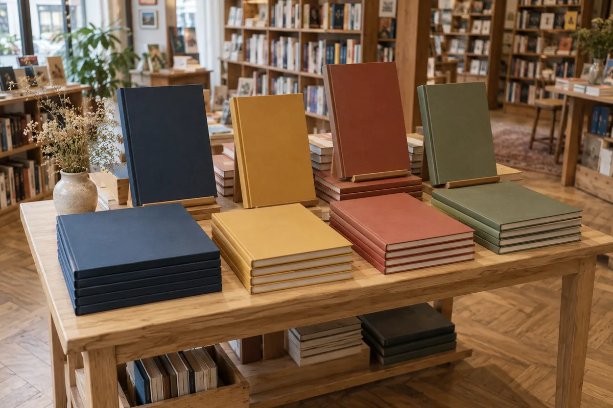 Table de librairie couverte d’albums grand format aux couvertures unies de couleurs variées