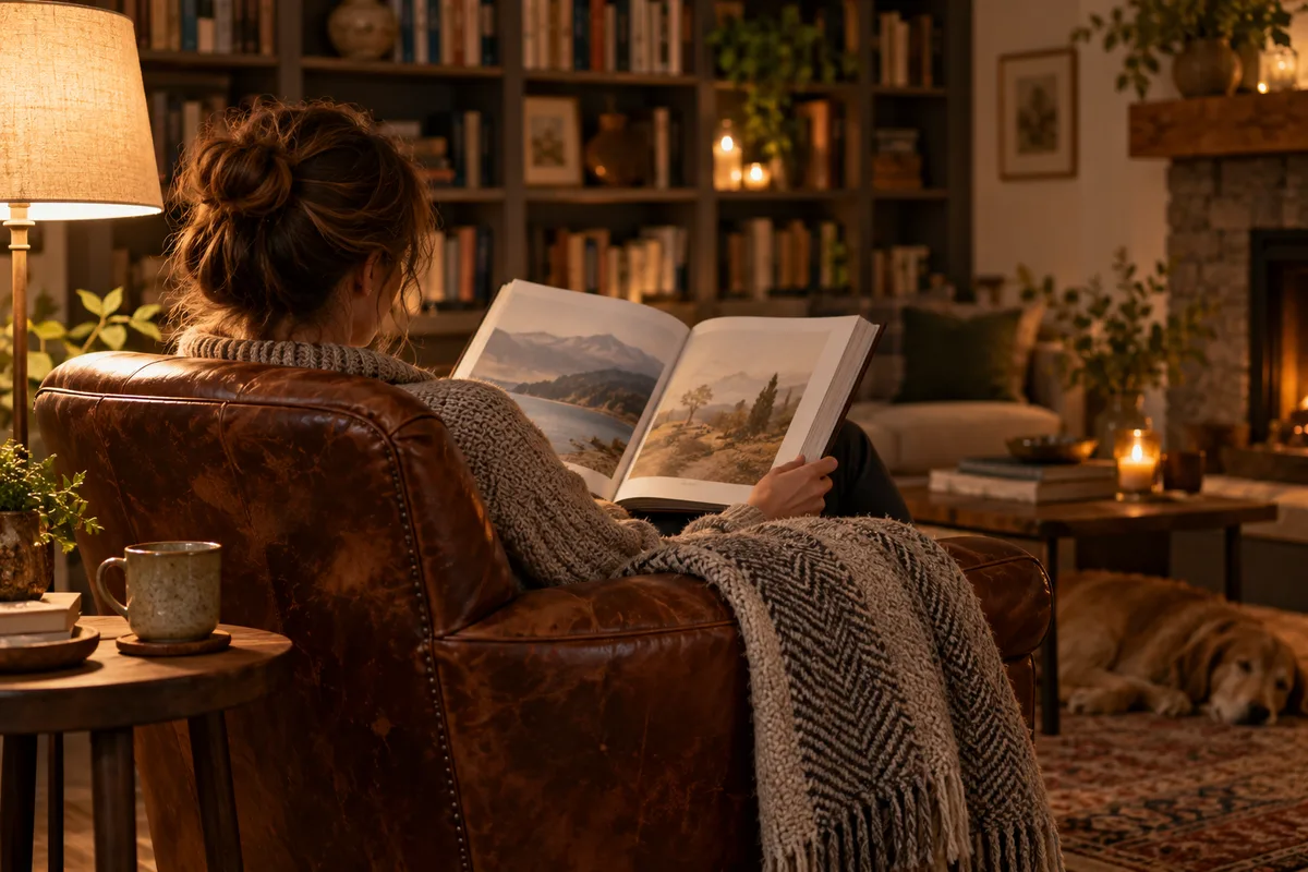 Lecteur vu de dos dans un fauteuil, un gros livre illustré ouvert sur les genoux